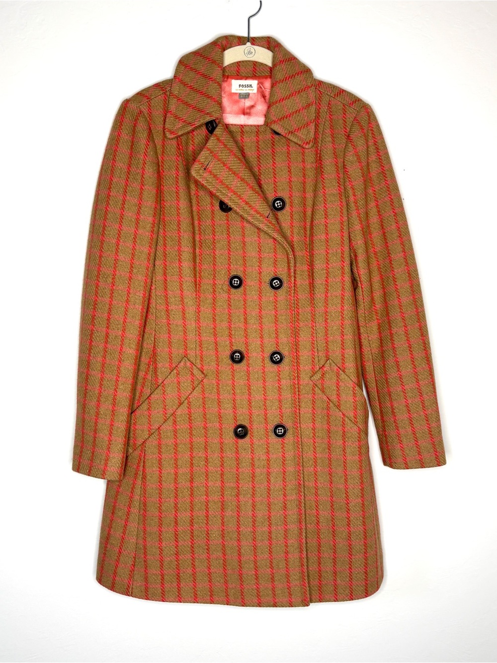 Fossil Tan Plaid Double-Breasted Pea Coat with Red & Pink Check Wool Blend S